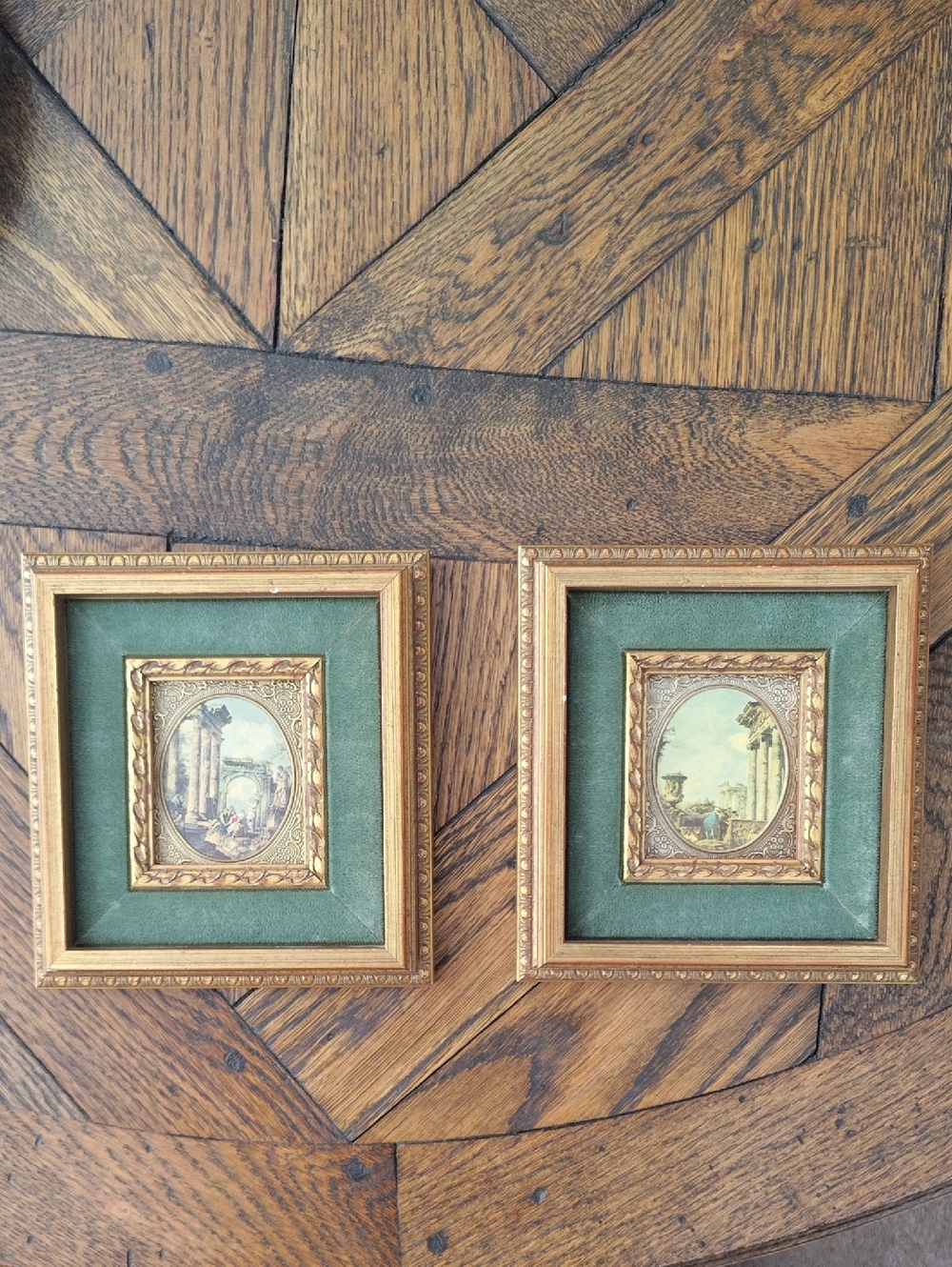Pair of Vintage Gold Framed Miniature Prints with Green Mat Florentine Style